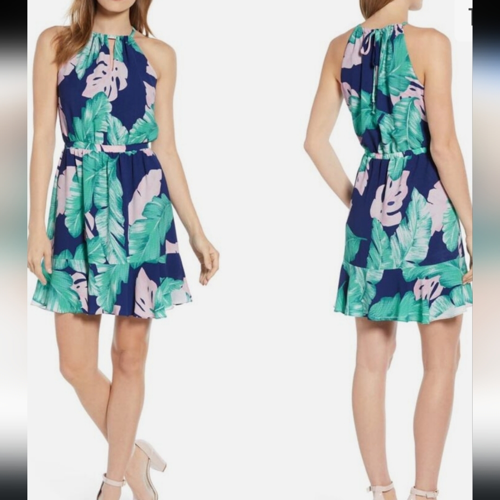 NWT Gibson Tropical Leaf keyhole halter dress- XS